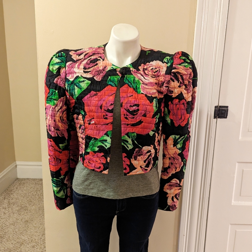 Vintage black, bright pink and green quilted cropped jacket size L